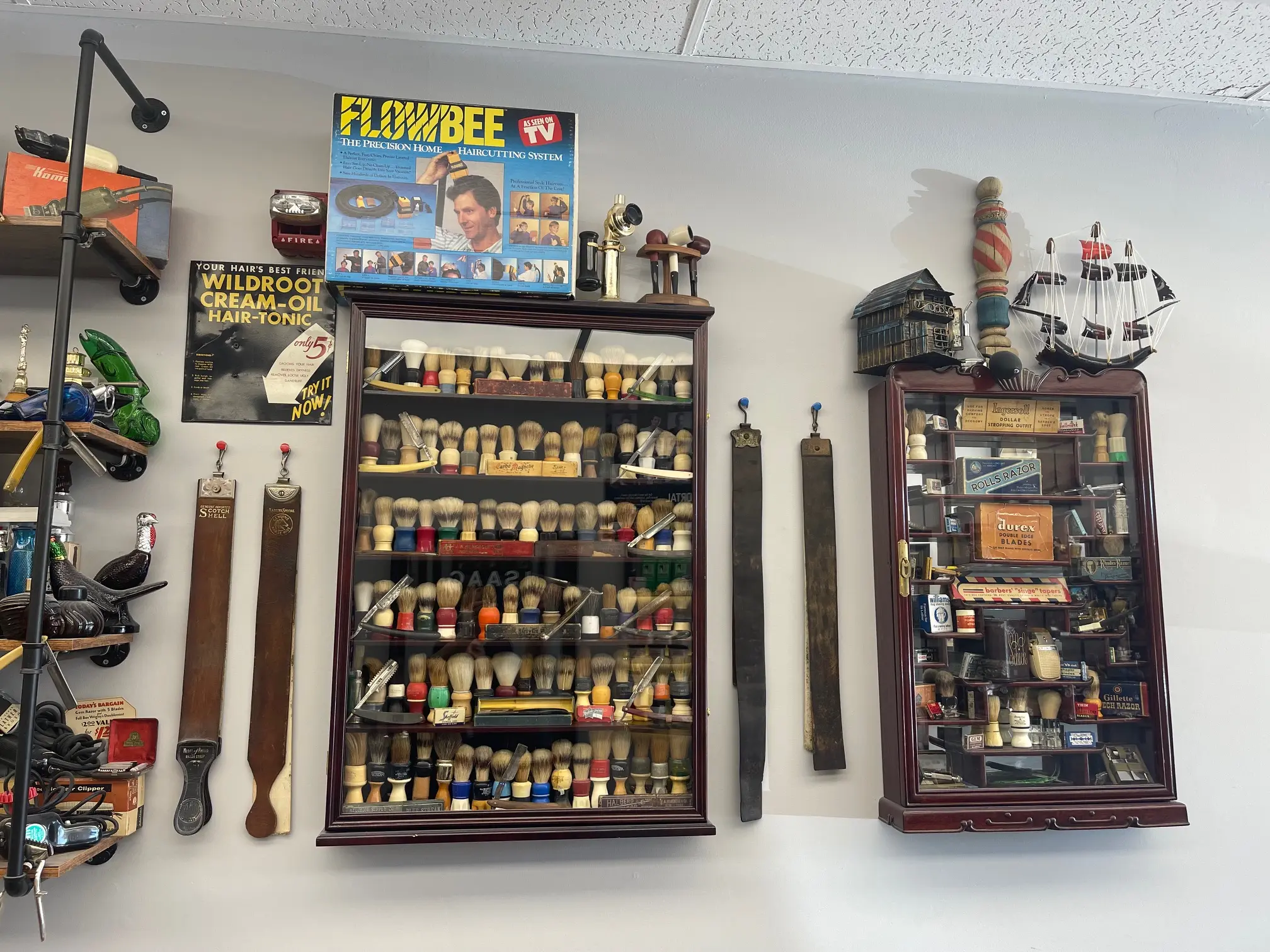 Traditional barbering tools and vintage shaving brush collection